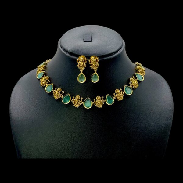 Premium AD Necklace- Oval & Ganapati Design Necklace- Mint & AD Stones- Studs, Product Code: V-1608