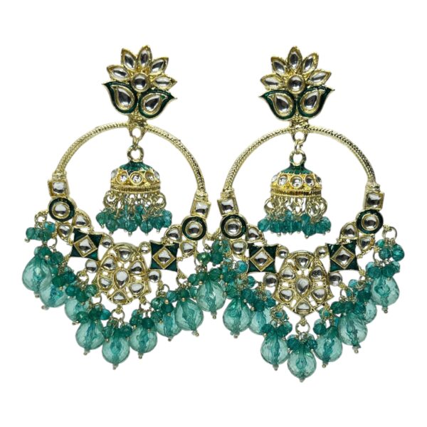 Kundan Hanging Jhumka Earrings - Light Green Color Stone, Product Code: V-2496