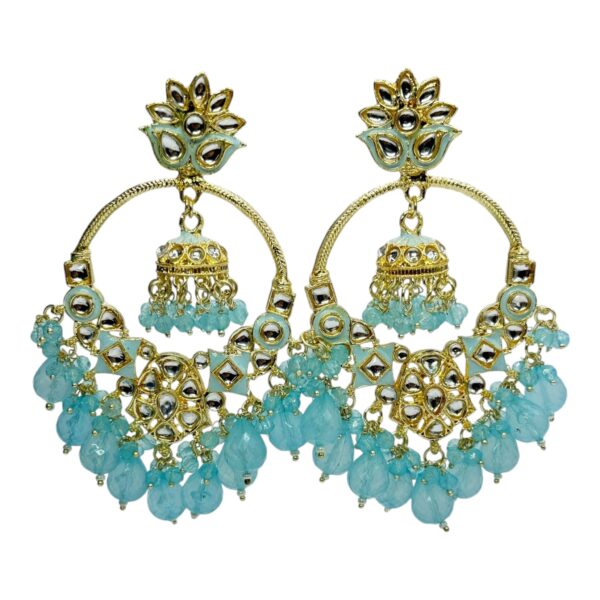 Kundan Hanging Jhumka Earrings - Sky Blue Color Stone, Product Code: V-2497