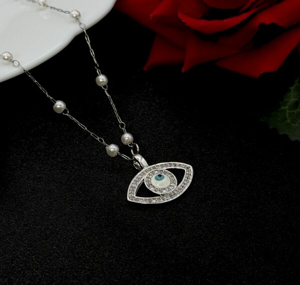 Stainless Steel Silver Evil Eye Pendent Pearl Chain Necklace, Product Code: D-5161