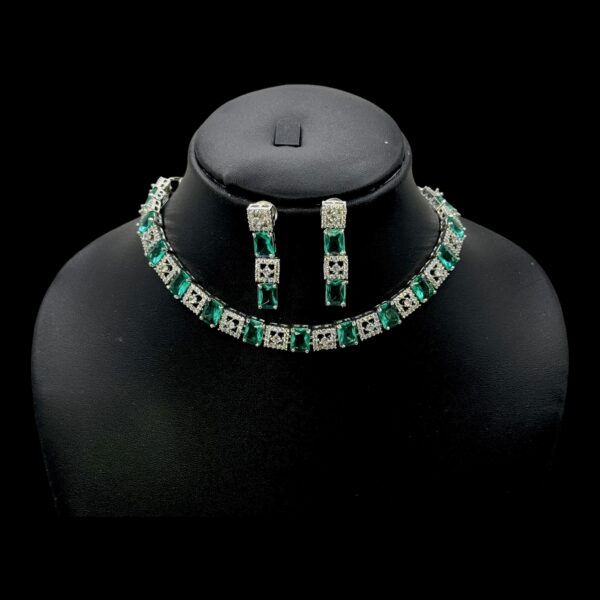 Premium AD Necklace- Square Design Necklace- Mint & AD Stones- Studs, Product Code: V-1610