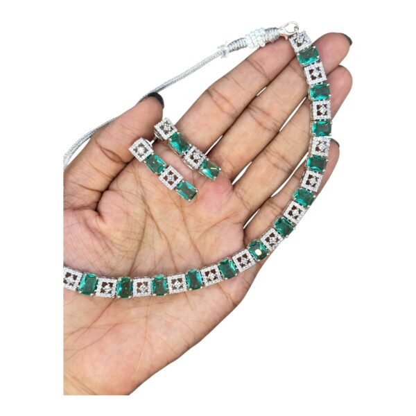 Premium AD Necklace- Square Design Necklace- Mint & AD Stones- Studs, Product Code: V-1610 - Image 2