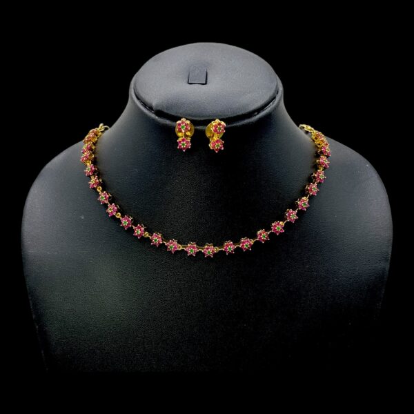 Premium AD Necklace- Flower Design Necklace- Ruby, Green Color & AD Stones- Studs, Product Code: V-1612