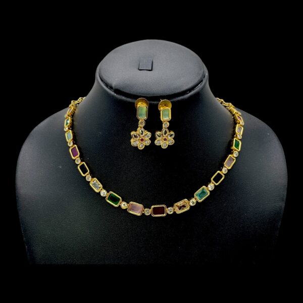 Premium AD Necklace- Rectangle & Circle Design- Multi Color & AD Stones- Studs, Product Code: V-1614