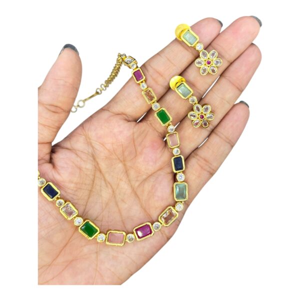 Premium AD Necklace- Rectangle & Circle Design- Multi Color & AD Stones- Studs, Product Code: V-1614 - Image 2