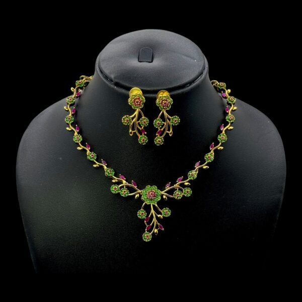 Premium AD Necklace- Leaf & Flower Design Necklace- Ruby Color, Green Color & AD Stones- Studs, Product Code: V-1615