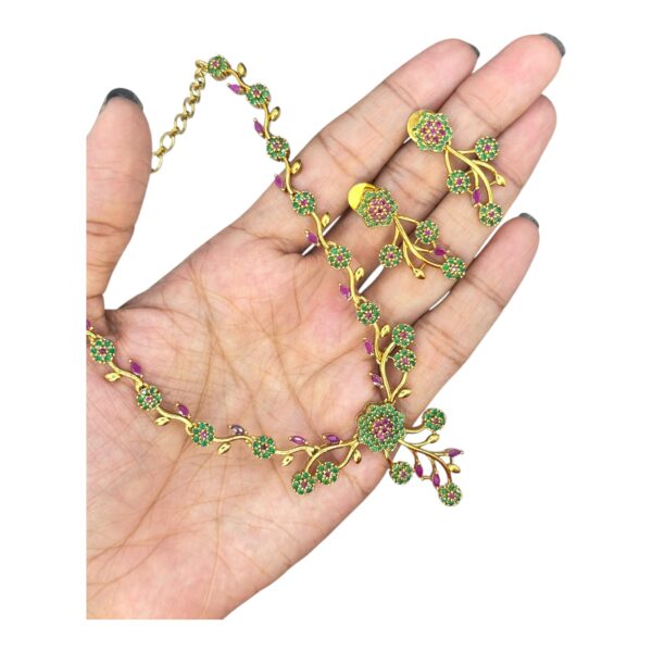 Premium AD Necklace- Leaf & Flower Design Necklace- Ruby Color, Green Color & AD Stones- Studs, Product Code: V-1615 - Image 2