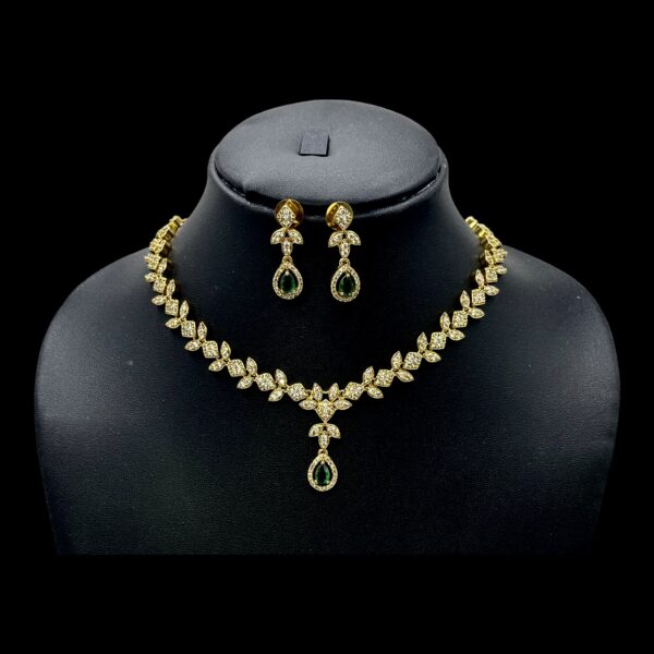 Premium AD Necklace- Leaf Design Necklace- Green Color & AD Stones- Studs, Product Code: V-1618