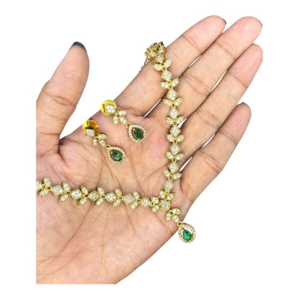 Premium AD Necklace- Leaf Design Necklace- Green Color & AD Stones- Studs, Product Code: V-1618 - Image 2