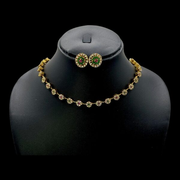 Premium AD Necklace- Flower Design Necklace- Ruby, Green Color & AD Stones- Studs, Product Code: V-1620