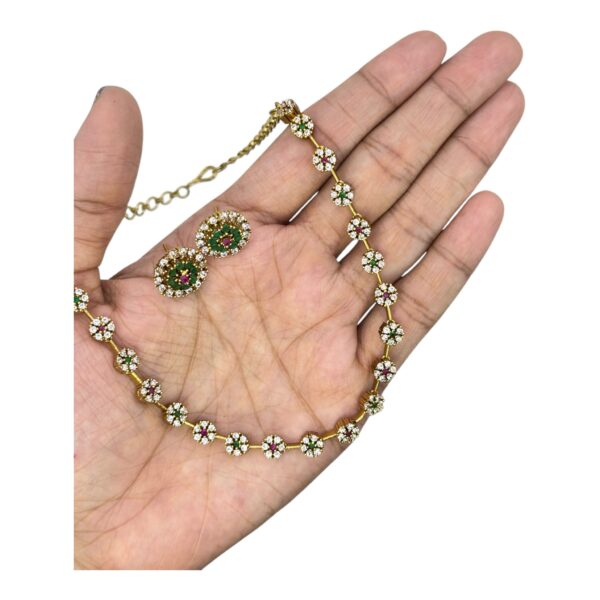 Premium AD Necklace- Flower Design Necklace- Ruby, Green Color & AD Stones- Studs, Product Code: V-1620 - Image 2