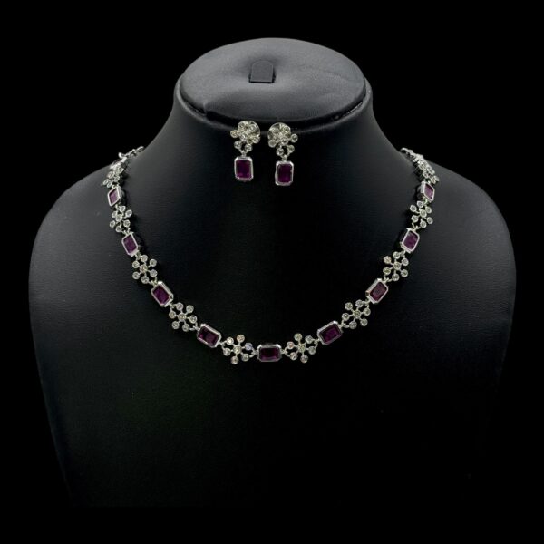 Premium AD- Silver Necklace- Pink & AD Stones- Flower Design- Studs, Product Code: V-1666