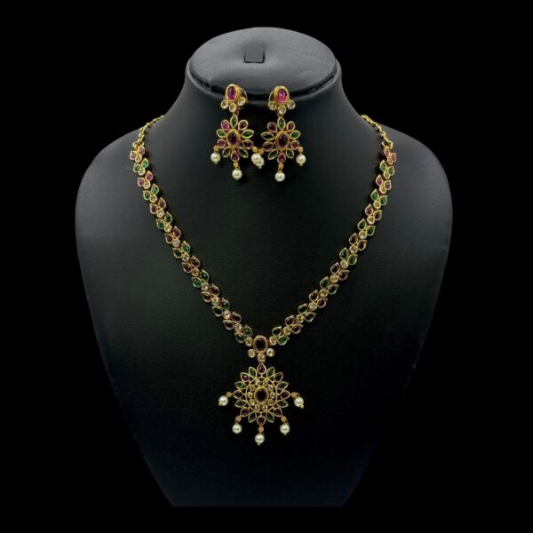 Premium AD- Gold Necklace- Leaf Design Necklace- Flower Pendant- AD, Ruby & Green Color Stones- Studs, Product Code: V-1672