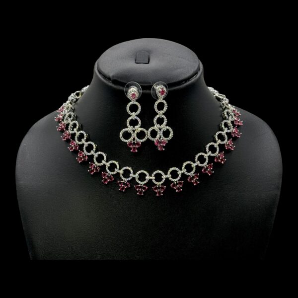 Premium AD- Silver Necklace- AD & Pink Stones- Studs, Product Code: V-1673