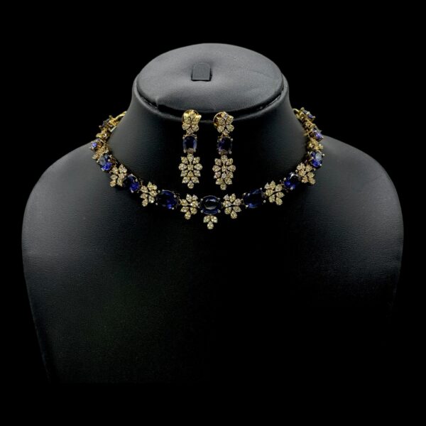 Premium AD- Gold Necklace- Flower Design- AD & Blue Stones- Studs, Product Code: V-1674