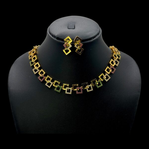 Premium AD- Square Design Necklace- Red Color Stones- Studs, Product Code: V-1682