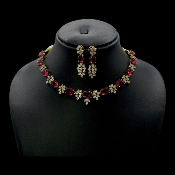 Flower Design Premium AD Necklace- Ruby & AD Stones- Stones, Product Code: V-1694