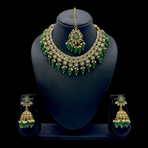 Kundan Necklace Set- Green Beads Hangings-Jhumkas- With Maati, Product Code: V-2595