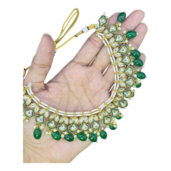 Kundan Necklace Set- Green Beads Hangings-Jhumkas- With Maati, Product Code: V-2595 - Image 2