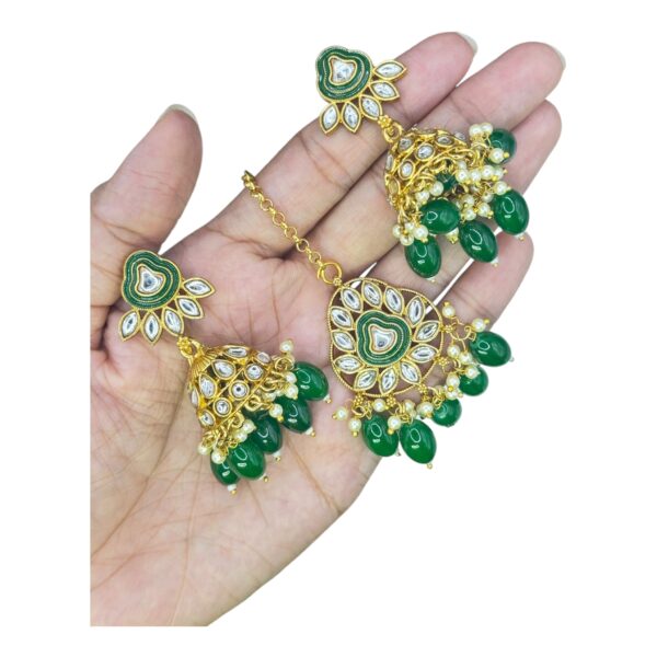 Kundan Necklace Set- Green Beads Hangings-Jhumkas- With Maati, Product Code: V-2595 - Image 3