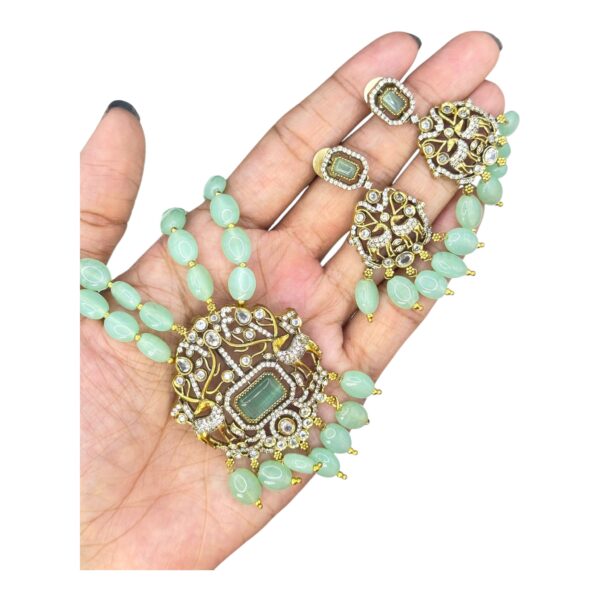 Victorian Necklace- Mint Color Stones- AD Stones- Hanging Studs, Product Code: V-1794 - Image 2