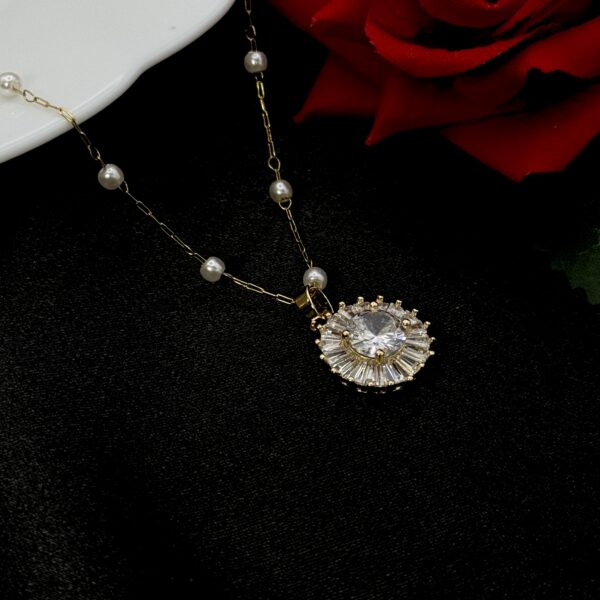 Stainless Steel Cubic Zicronia Pendent Pearl Chain Necklace, Product Code: D-5180