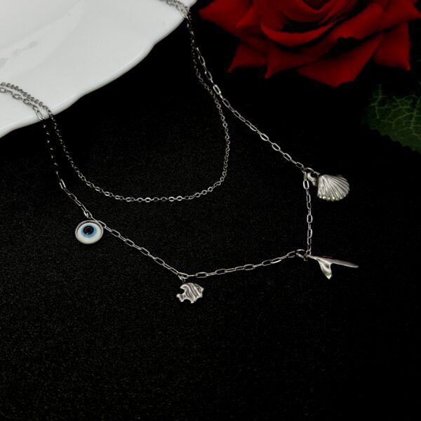 Stainless Steel Silver Plated Layered Multi Pendant Chain Necklace, Product Code: D-5188