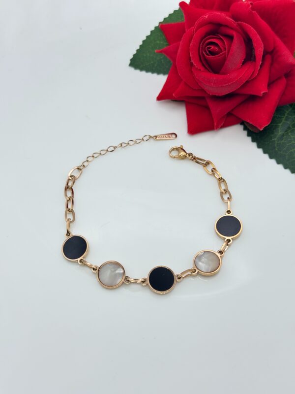 Stainless Steel Rosegold Plated White Black Disc Bracelet, Product Code: D-5019