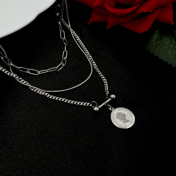 Stainless Steel Silver Plated Layered Coin Charm Necklace, Product Code: D-5204