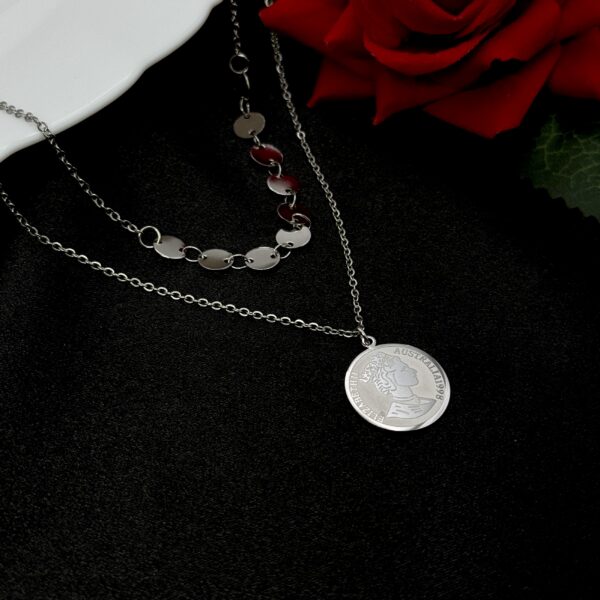 Stainless Steel Silver Plated Double Layered Elizabeth Coin Pendant Necklace, Product Code: D-5212