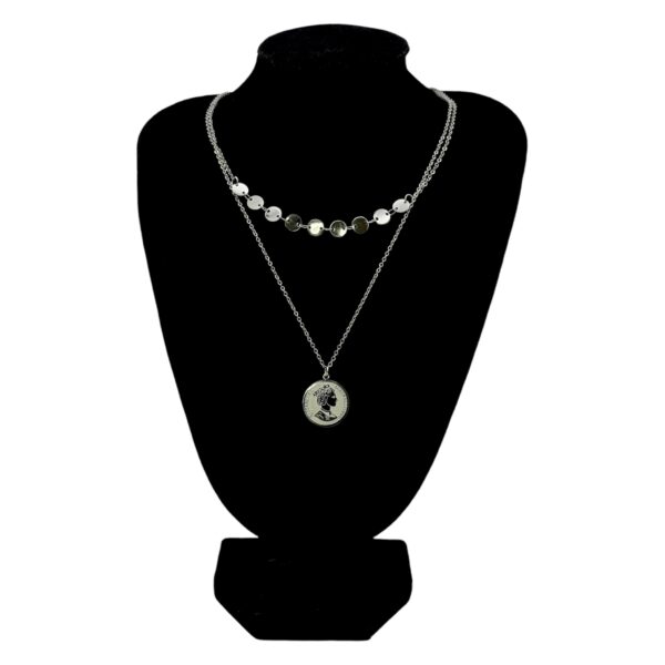 Stainless Steel Silver Plated Double Layered Elizabeth Coin Pendant Necklace, Product Code: D-5212 - Image 2