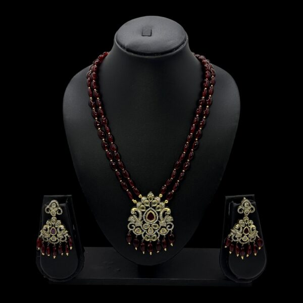 Victorian Necklace- Maroon Color Stones- AD Stones- Hanging Studs, Product Code: V-2158