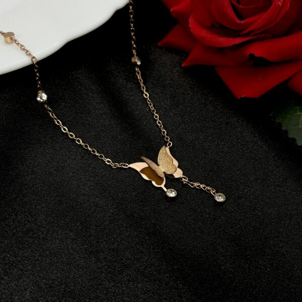 Stainless Steel Butterfly Cubic Zirconia Hanging Pendent Necklace, Product Code: D-5230