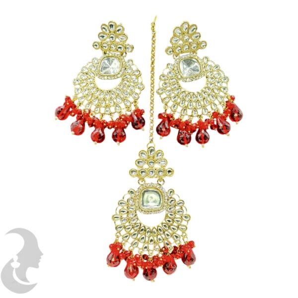 Kundan Hanging  Earring- Red Color Stone - With Maati, Product Code: V-2355