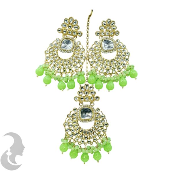 Kundan Hanging  Earring- Fluorescent Green  Color Stone - With Maati, Product Code: V-2358