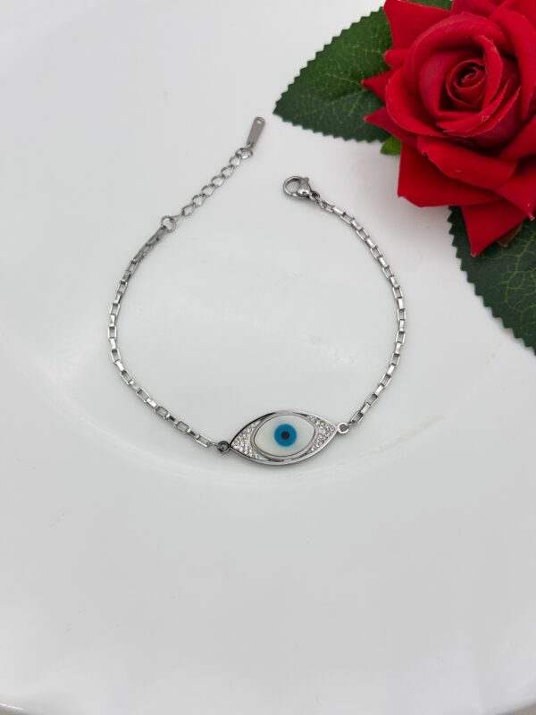 Silver Plated Stainless Steel Evil Eye CZ Chain Bracelet, Product Code: D-5042