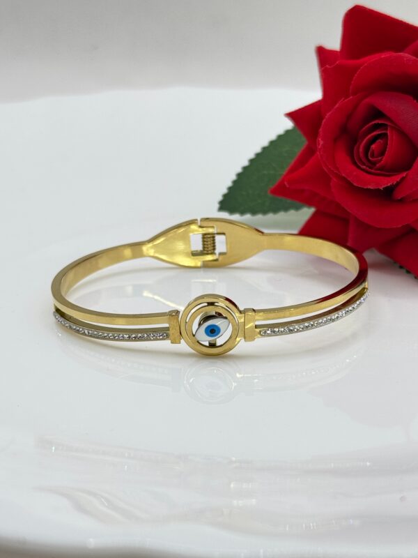 Stainless Steel Gold Plated Lightning Zircon Evil Eye Kada, Product Code: D-5047