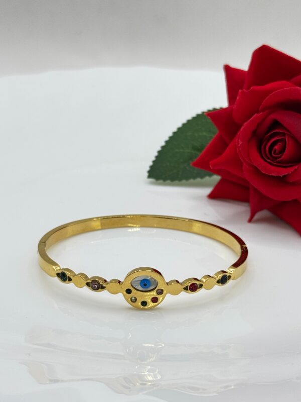 Stainless Steel Gold Plated Multi Colour Cubic Zircon Evil Eye Kada, Product Code: D-5051