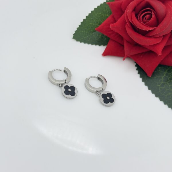 Stainlees Steel Silver Plated Black Clover Hoops Earring , Product Code: D-5083