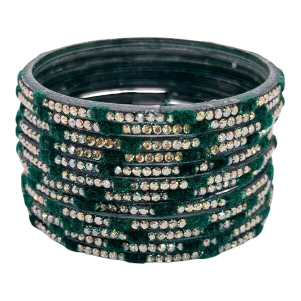 Glass Bangles- Velvet- Green Color- 12 Bangles Set, Product Code: V-2644 - Image 2