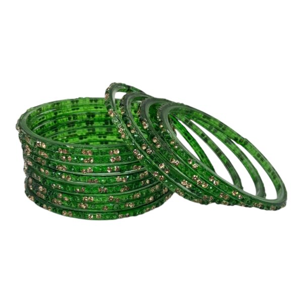 Glass Bangles- Dark Green Color - 12 Bangles Set, Product Code: V-2696