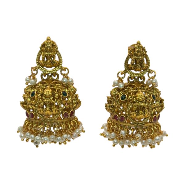 Gold Jhumka- Lakshmi Design- Green & Ruby Color Stones, Product Code: V-2704