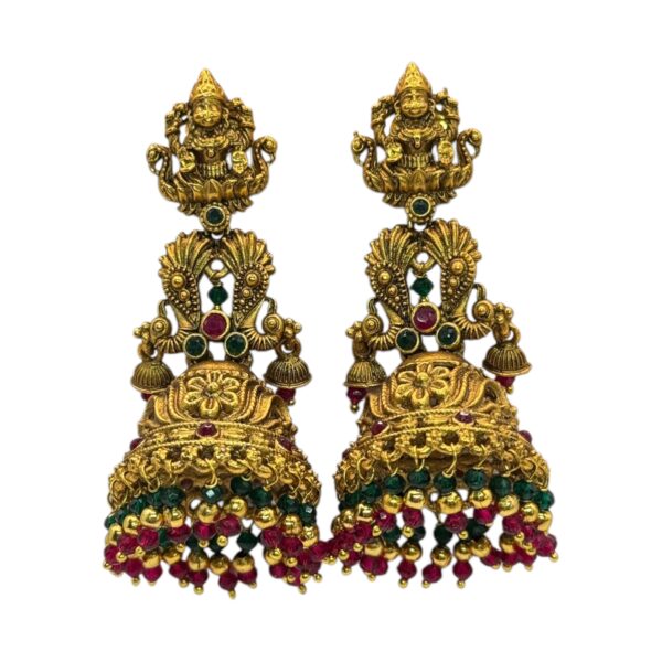 Gold Jhumka- Lakshmi Design- Green & Ruby Color Stones, Product Code: V-2705