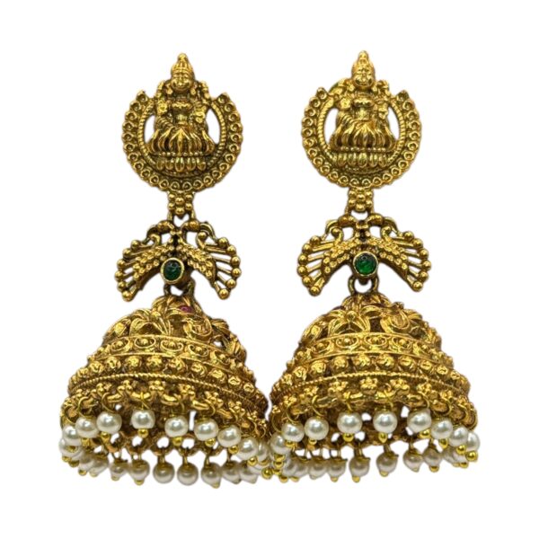 Gold Jhumka- Lakshmi Design- Green & Ruby Color Stones, Product Code: V-2706