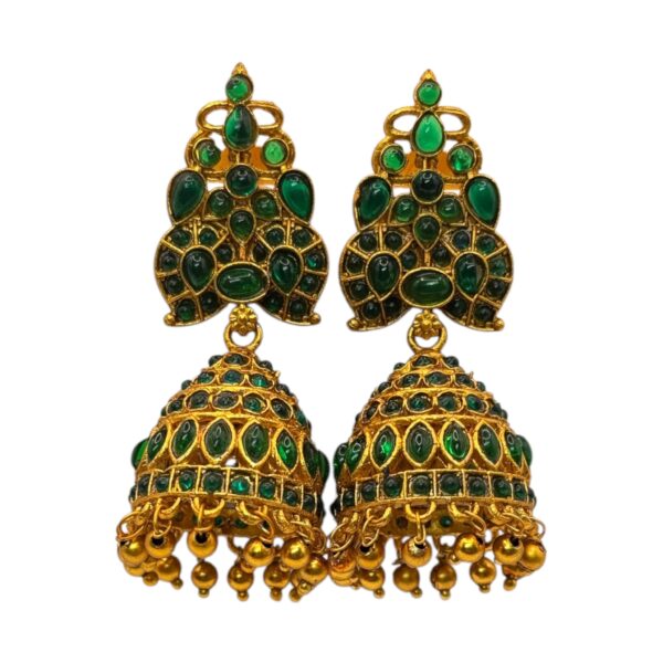 Gold Jhumka- Green Color Stones, Product Code: V-2708