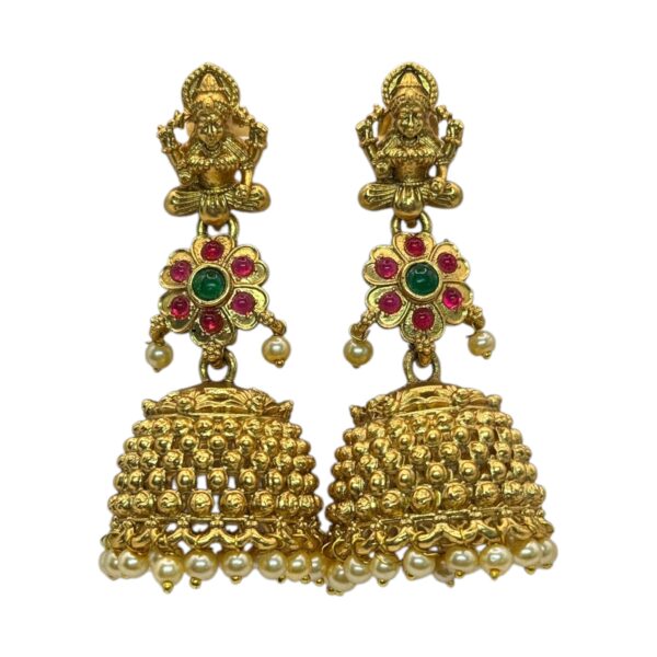 Gold Jhumka- Lakshmi Design- Ruby & Green Color Stones, Product Code: V-2710