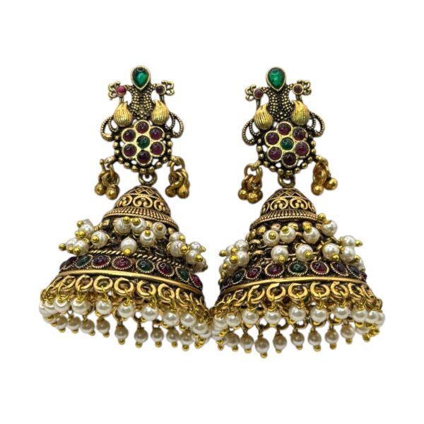 Antique Jhumka- Peacock Design- Ruby & Green Color Stones, Product Code: V-2712