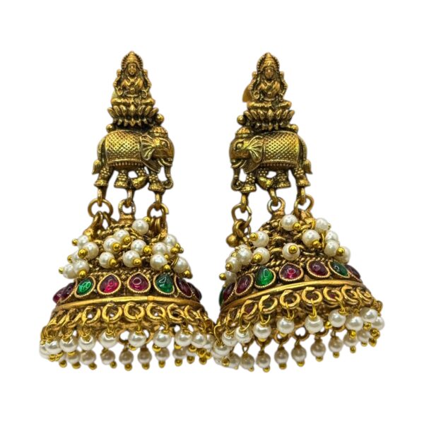 Antique Jhumka- Lakshmi & Elephant Design- Ruby & Green Color Stones, Product Code: V-2713