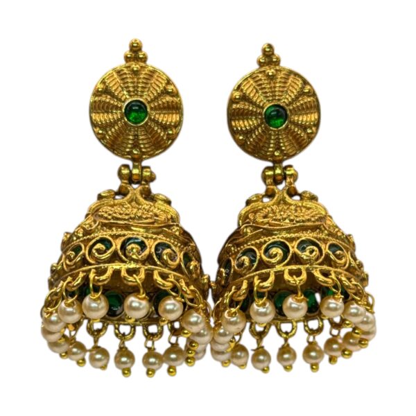 Gold Jhumka- Green Color Stones, Product Code: V-2714