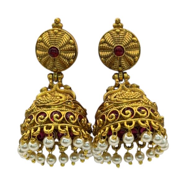 Gold Jhumka- Red Color Stones, Product Code: V-2715